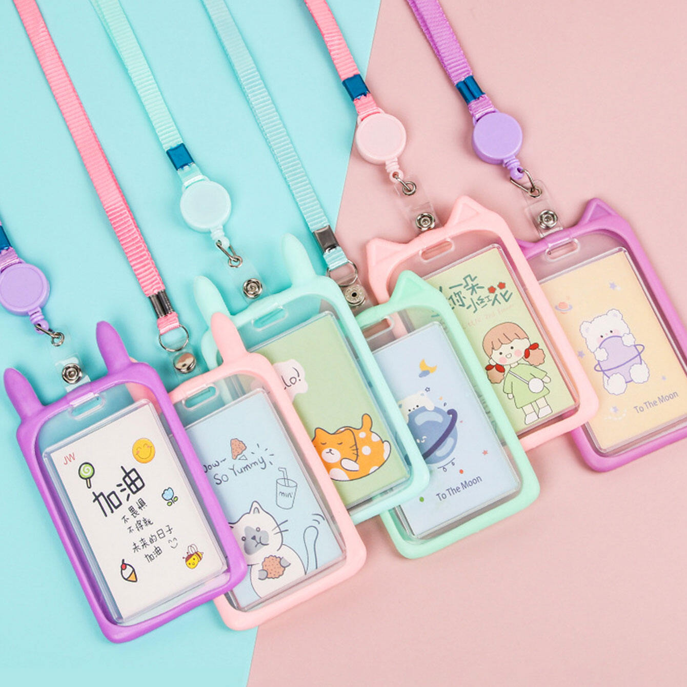 1pc Cute Rabbit Cartoon Card Set Student Card Set Campus Bus Meal Card School Card with Rope Hanging Access Control Transparent Soft Work Card ID Card