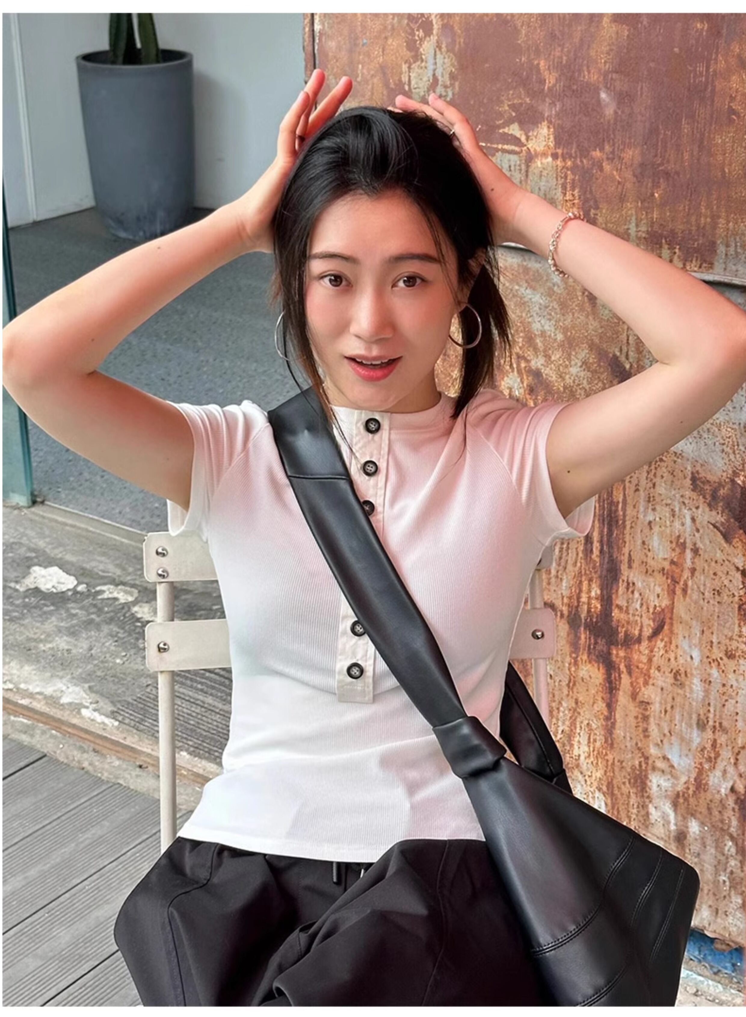 TROU NOIR Spring Summer New Style Women's Slim Fit White T-Shirt Henry Collar Short Sleeve Base Shirt round Neck Commute Simple · v3