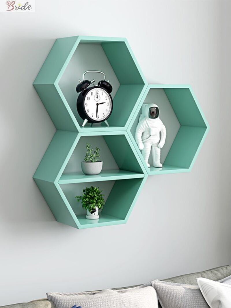 Hexagonal Wall Mounted Shelf Entrance Hall Living Room Simple Decorative Bookshelf Creative Grid Background Wall Frame. 
