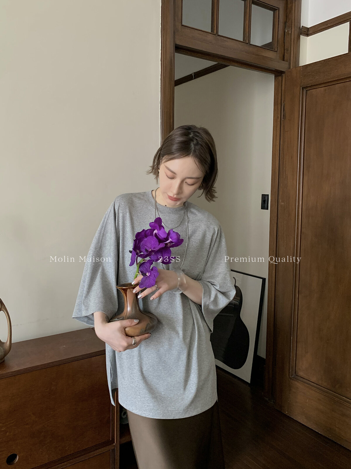 Molin ROW Batwing Sleeve T-Shirt Women's Loose Side Slit Oversize Summer Short Sleeve Cotton Polyester Blend round Neck Top
