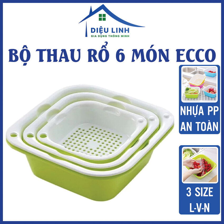 Rổ nhựa đựng đồ kèm thau ECCO 6 món 3 kích thước khác nhau, Set 6 món rổ kèm chậu bộ 3 rổ và chậu, thau nhựa rửa và đựng rau củ quả dáng vuông chất liệu PP Cao Cấp (3 Rổ 3 Thau) dieulinhshop