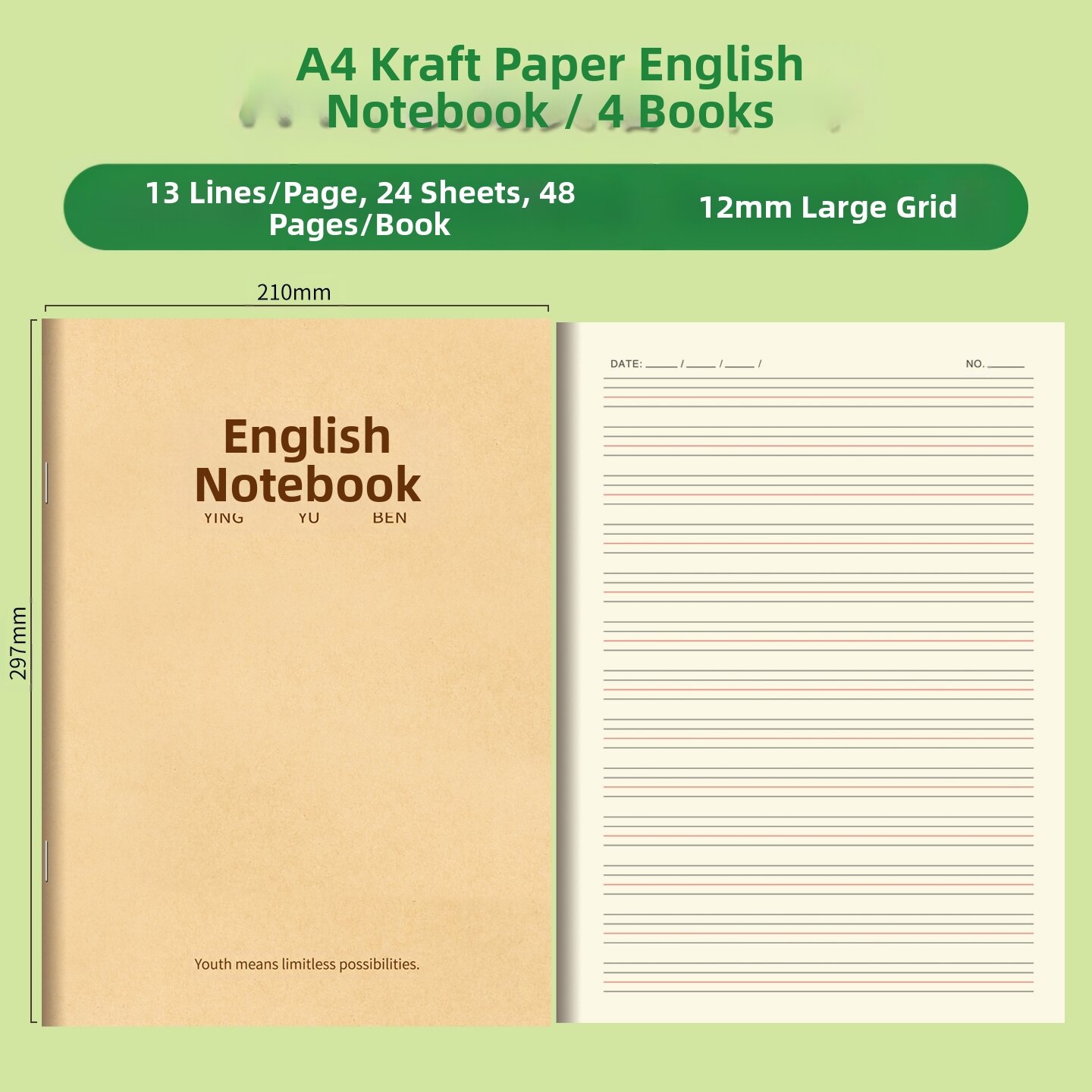DLIOG | Thick A4 Size English Practice Notebook with Four Lines and Three Spaces for Junior High School Students Senior High School Students and Elementary School Students