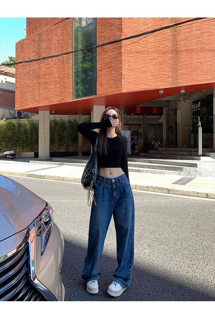 Chenmi Fan Blau Jeans mit hoher Taille und weitem Bein für Damen Herbst Neu Locker lässige gerade Hosen Hoch aussehende lange Hosen