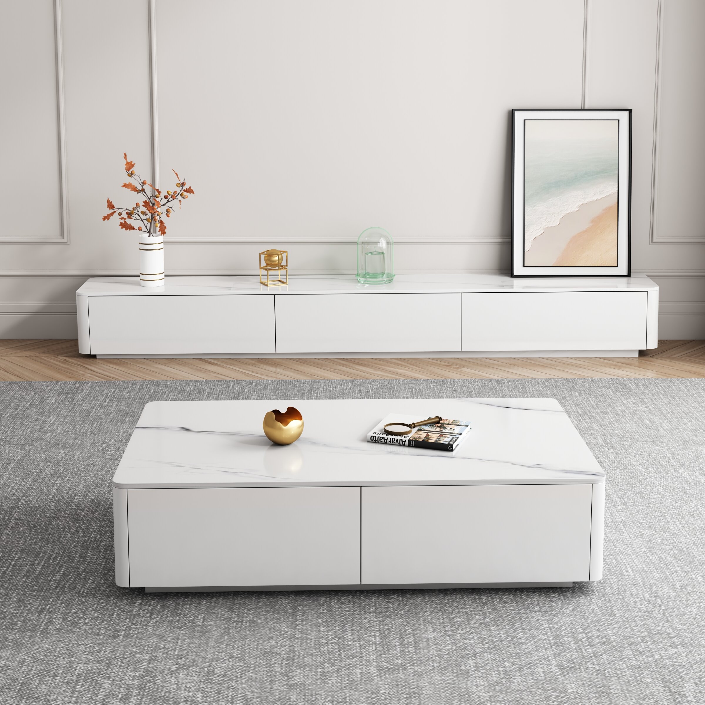 white sideboard and coffee table