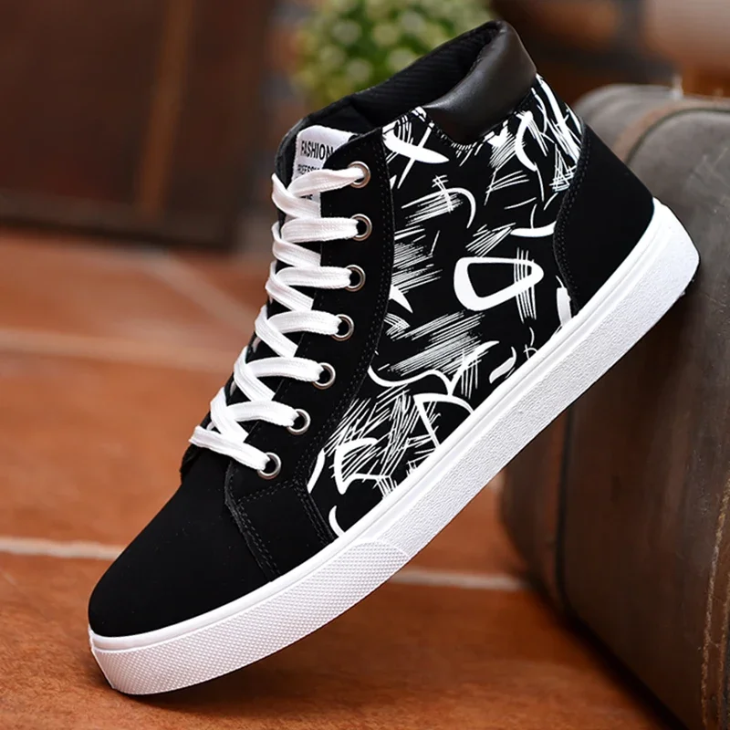 New Men's High-Top Canvas Shoes Black-and-White Sports Hip-Hop Tide Shoes Zhongbang nan xie zi Spring Casual Students' Skateboard Shoes