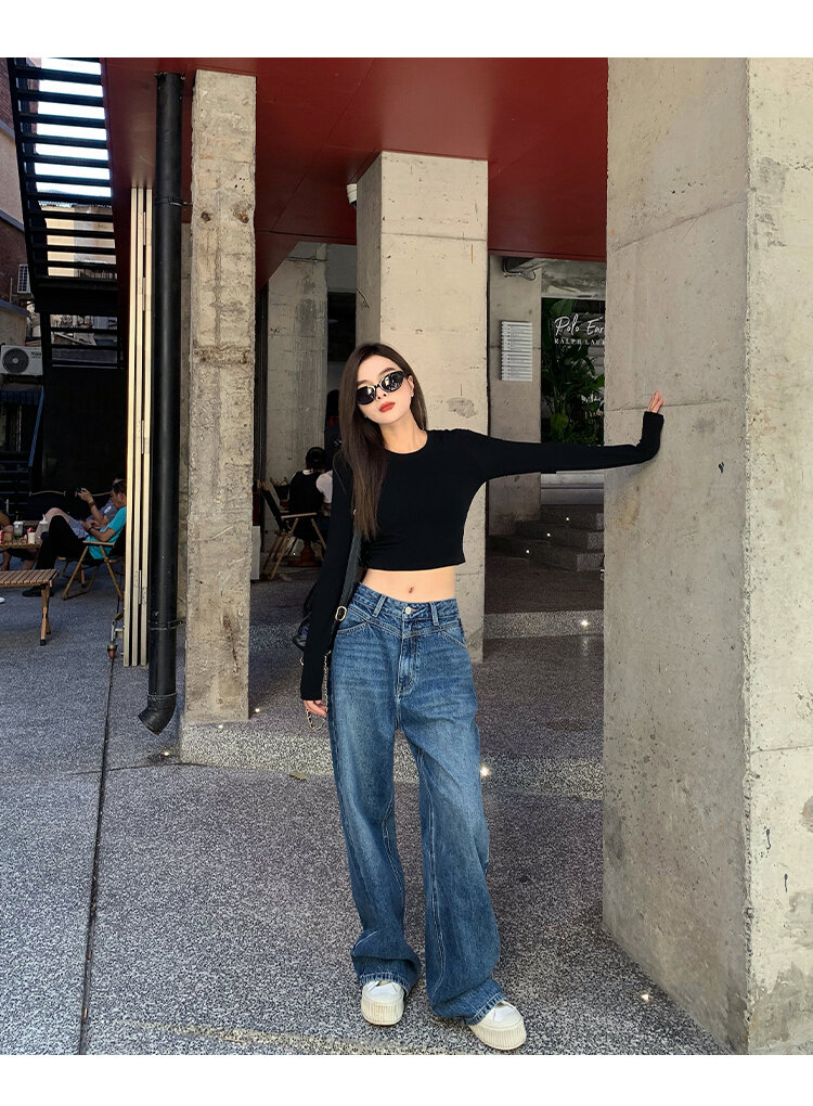 Chenmi Fan Blau Jeans mit hoher Taille und weitem Bein für Damen Herbst Neu Locker lässige gerade Hosen Hoch aussehende lange Hosen