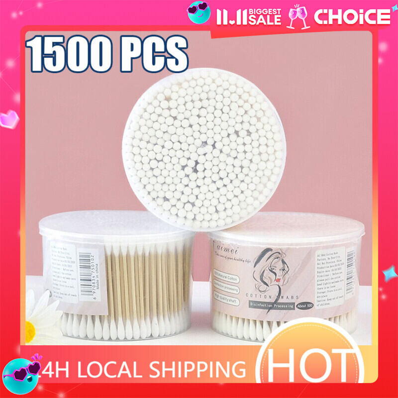 Đầu mút mỹ phẩm 500PC giúp làm sạch tai Cotton Swabs với cán bằng gỗ trong Can Single Head Cotton Swdy mới để làm sạch tai làm đẹp