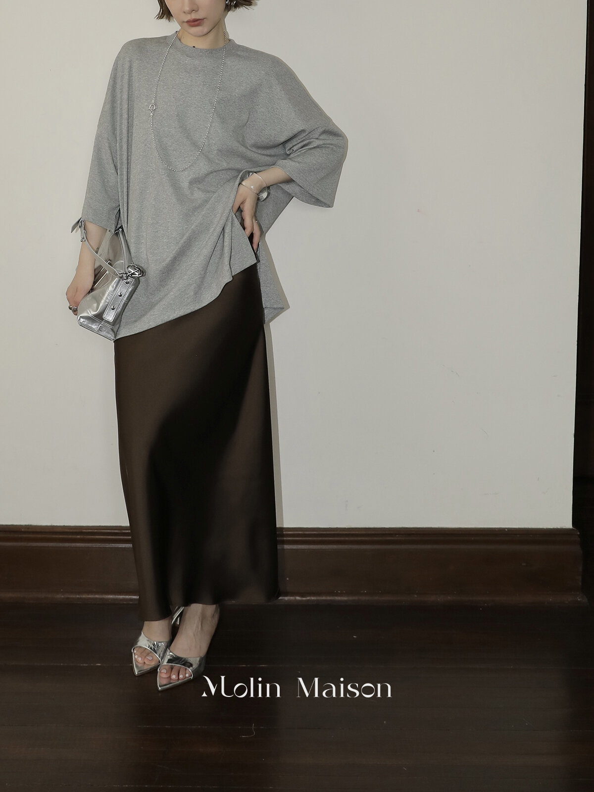 Molin ROW Batwing Sleeve T-Shirt Women's Loose Side Slit Oversize Summer Short Sleeve Cotton Polyester Blend round Neck Top