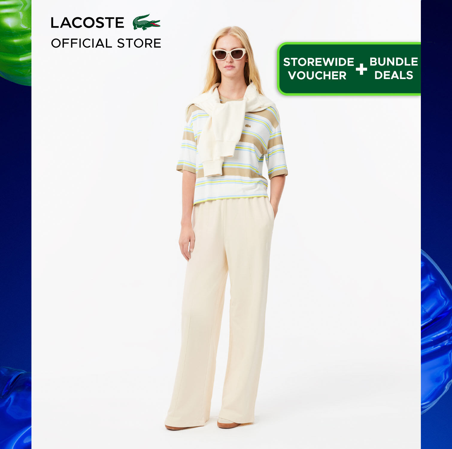 Lacoste Women's Wide Leg Badge Track Pants - Lifestyle ( Beige / White ) - XF2657. 