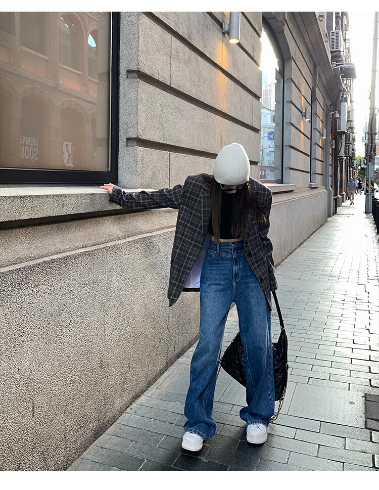 Chenmi Fan Blau Jeans mit hoher Taille und weitem Bein für Damen Herbst Neu Locker lässige gerade Hosen Hoch aussehende lange Hosen