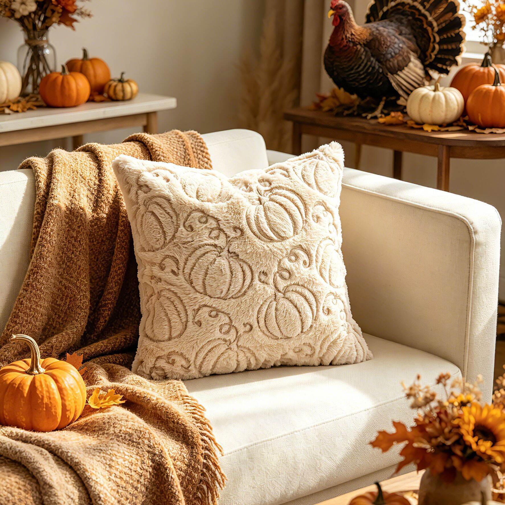 30x50cm 45x45cm Fall Pumpkin Decorative Pillow Covers Beige Soft Plush Faux Fur Throw Cushion Cases for Autumn Thanksgiving Gift