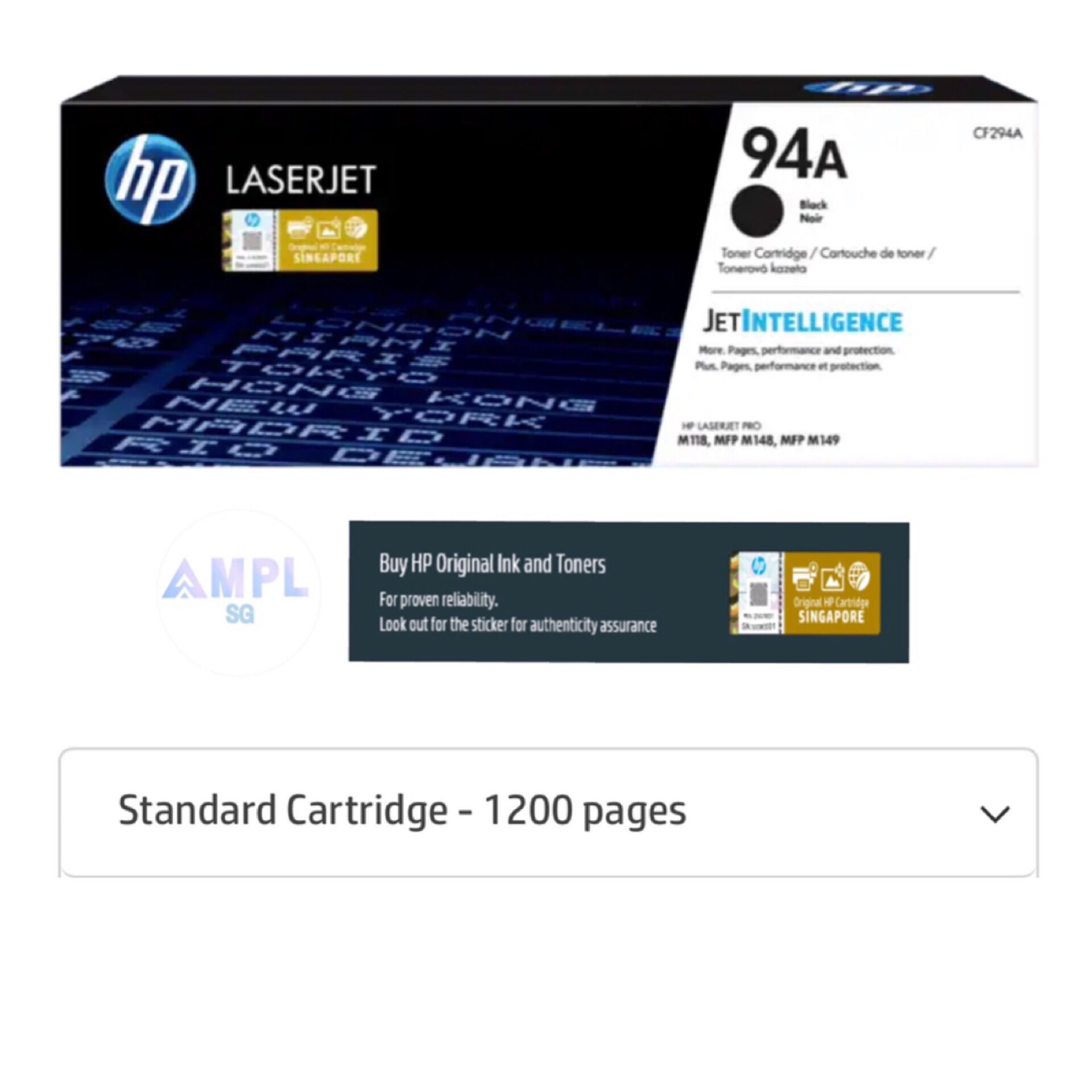 HP 94A Black Original LaserJet Toner Cartridge CF294A 94 for HP LaserJet Pro M118; HP LaserJet 