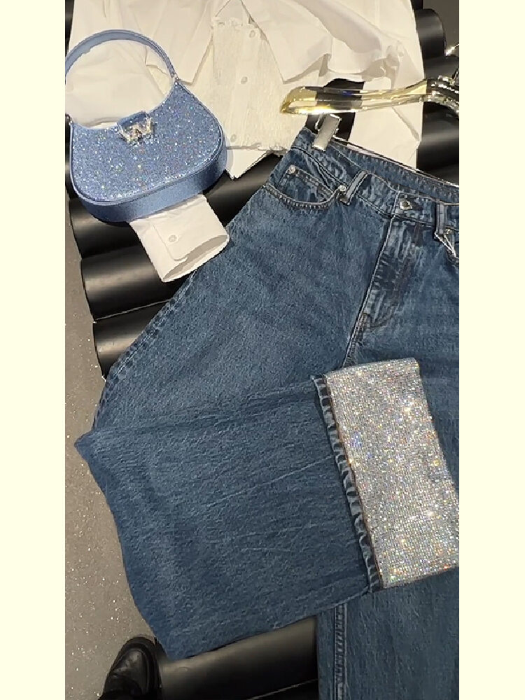 Summer Thin High Waist Silk Jeans Women's Turn-down Cuff Diamond Embellished Nine-point Straight Leg Pants Casual Long Trousers · v2