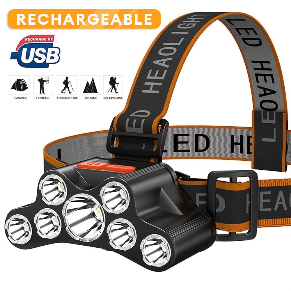 7 LED Headlamp,USB Rechargeable Powerful Head Lamp With Built-in  Battery for Outdoor Camping Fishing Headlight Head Flashlight