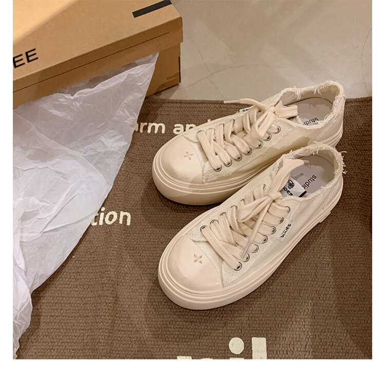 Women's Low Top round Toe Laced Canvas Shoes Thick Bottom Cross Pattern White Sneakers Worn in Dirty Looking Shoes · v11