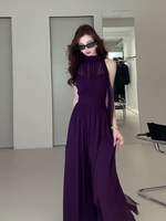XUECAIQI | French Style Sexy Vacation Purple Dress for Plus Size Women Sleeveless Halter