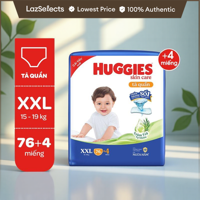 Tã quần Huggies Skincare Mega Jumbo M106/L100+4/XL84+4/XXL76+4 với tràm trà dịu da