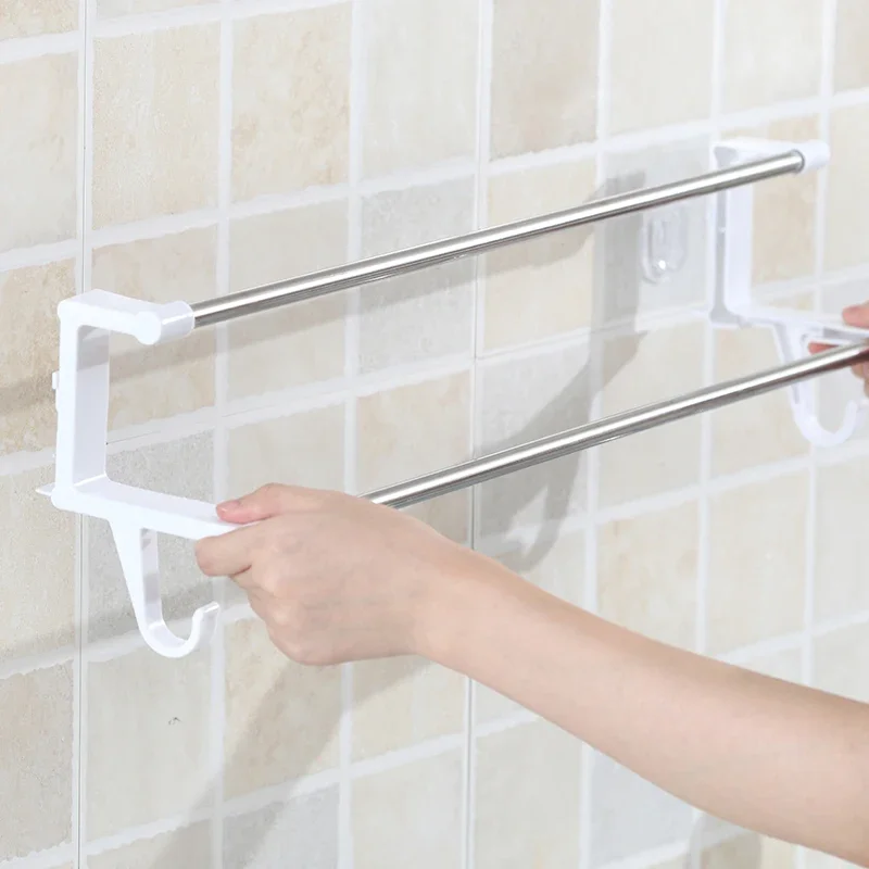 Punch-Free Wall-Mounted Towel Rack Bathroom Towel Rack Suction Cup Bathroom Kitchen Rag Rack Towel Drying Rod Double Rod