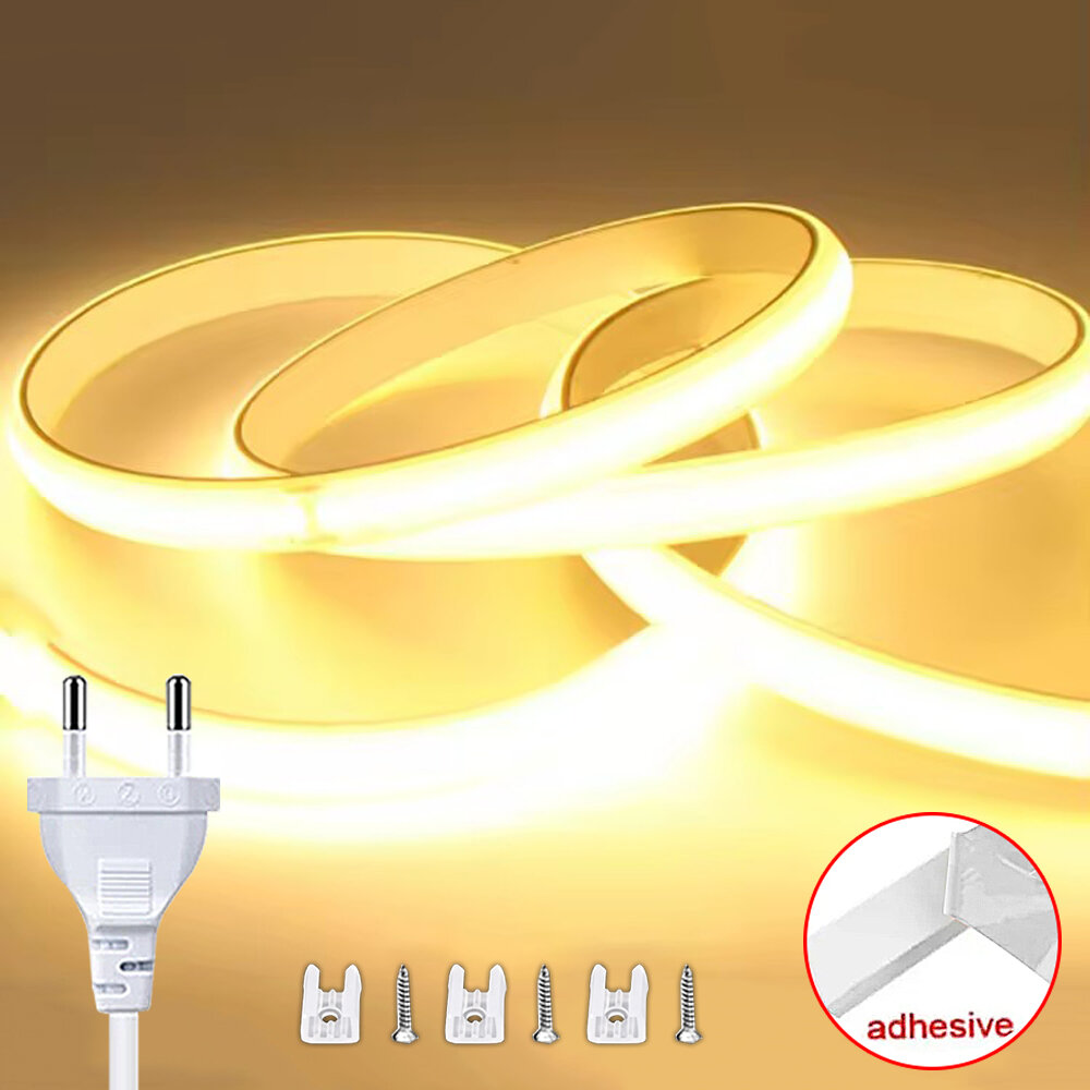 COB Led Strip High Brightness With EU Power 220V LED Strip Waterproof Flexible Ribbon Tape for Bedroom Outdoor Garden Lighting