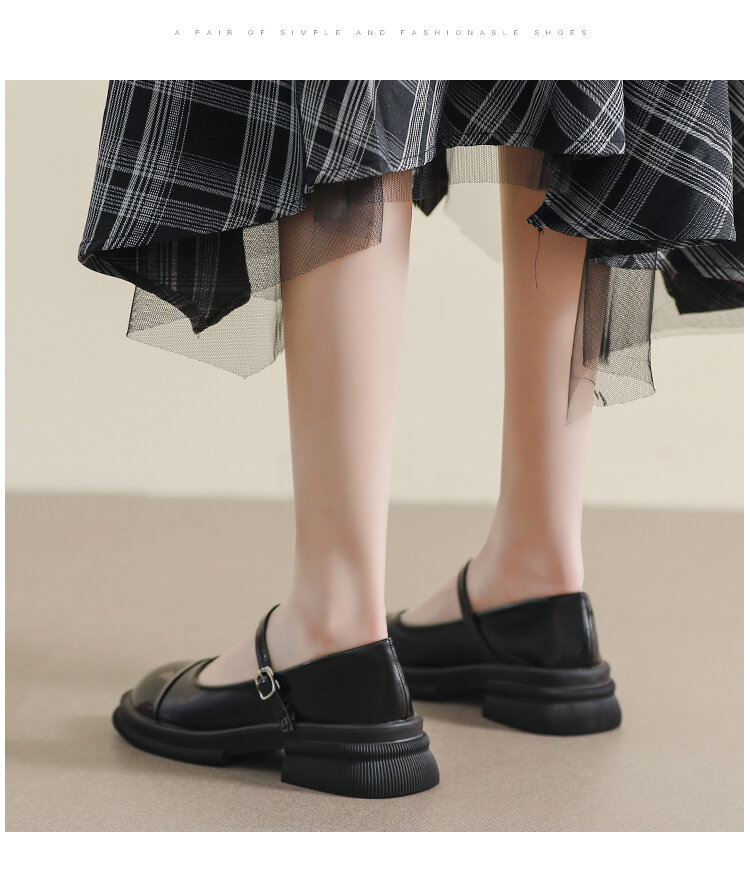 Genuine Leather Mary Janes Women's Shoes Spring Summer British Style Flats Large Size 41 for Skirts Thick Bottom Small Leather Shoes · v9