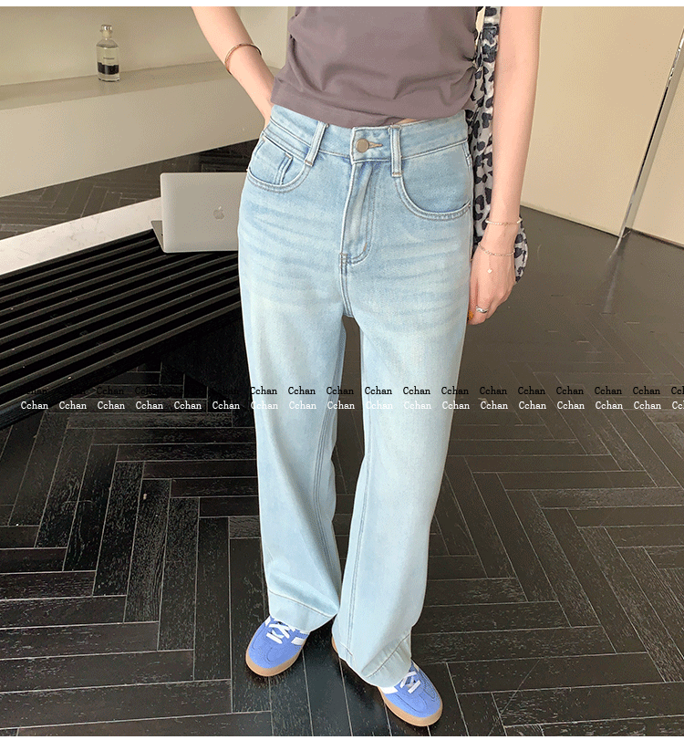 Out of Print Contraction Trouser ~ Glacier Blue Straight-leg Narrow Version Denim Women's Summer Thin High Waist Loose Mop Wide-Leg Pants