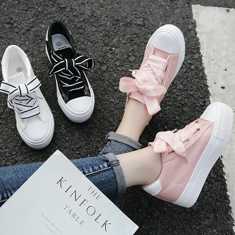 2020 Spring New Platform Hidden Wedge Canvas Shoes Women's Shoes Ribbon White Shoes Women's Casual Shoes Low-Top Cloth Shoes