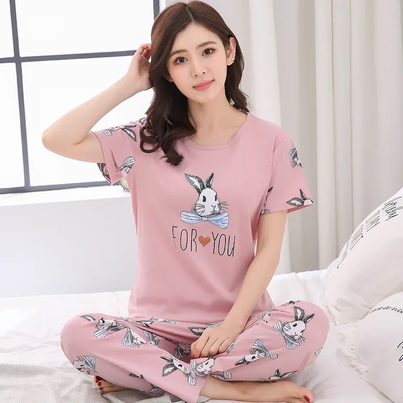Women's Cotton Homewear Short-Sleeved Cotton Trousers Pajamas Summer Korean Style Casual Cartoon plus Size Women's Suit