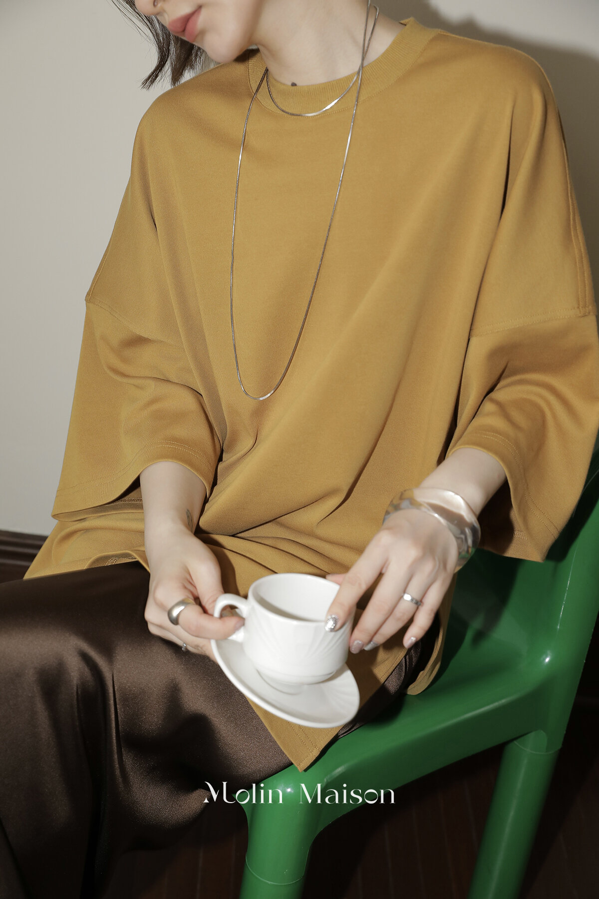 Molin ROW Batwing Sleeve T-Shirt Women's Loose Side Slit Oversize Summer Short Sleeve Cotton Polyester Blend round Neck Top