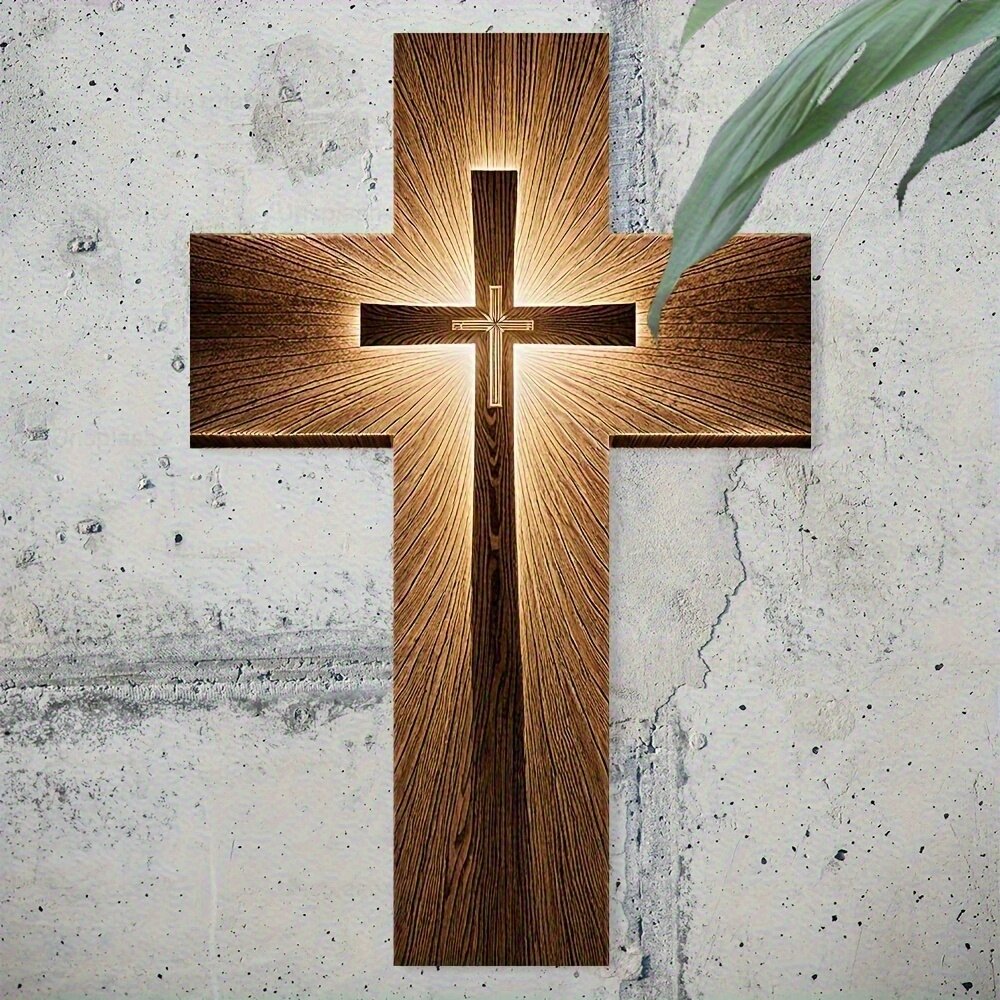 2D 5mm Thickness Golden Halo Effect Religious Wall Cross Decoration Recycled Wood Grain Church Home Office Decor Believers Gifts