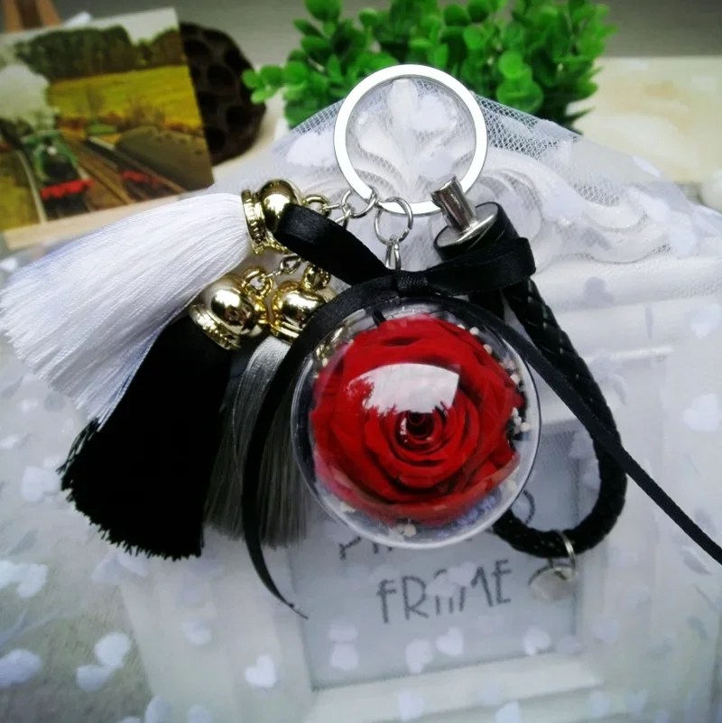 Preserved Fresh Flower Car Key Ring Female Tassel Bag Pendant Key Chain Creative Valentine's Day DIY Birthday Gift Box