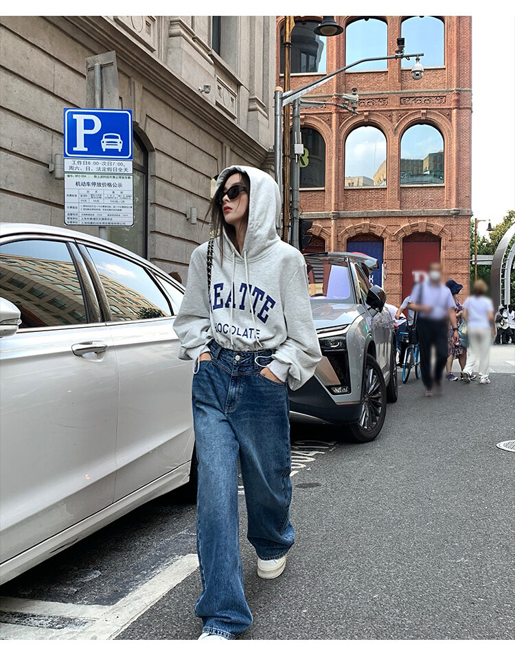 Chenmi Fan Blau Jeans mit hoher Taille und weitem Bein für Damen Herbst Neu Locker lässige gerade Hosen Hoch aussehende lange Hosen