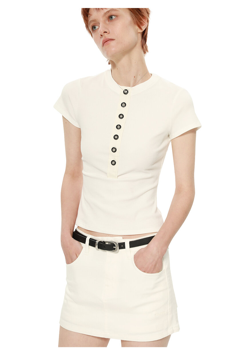 TROU NOIR Spring Summer New Style Women's Slim Fit White T-Shirt Henry Collar Short Sleeve Base Shirt round Neck Commute Simple · v3