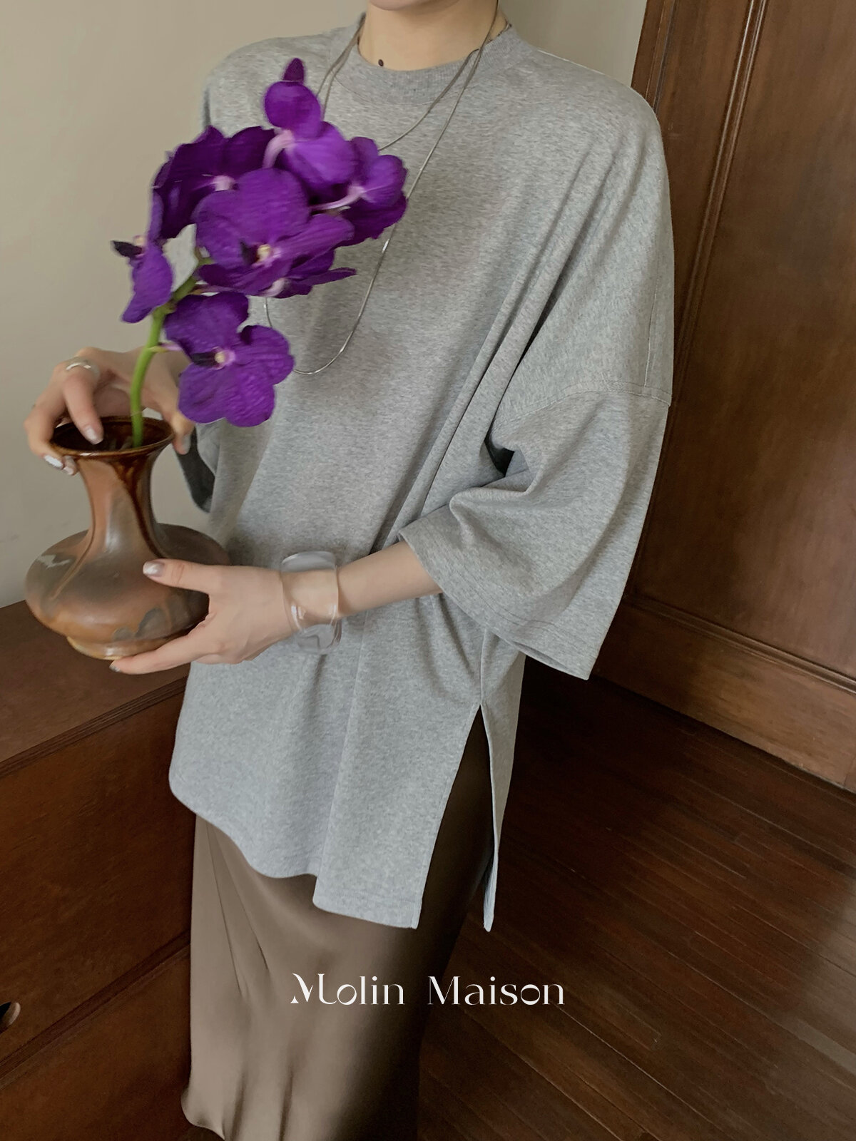 Molin ROW Batwing Sleeve T-Shirt Women's Loose Side Slit Oversize Summer Short Sleeve Cotton Polyester Blend round Neck Top