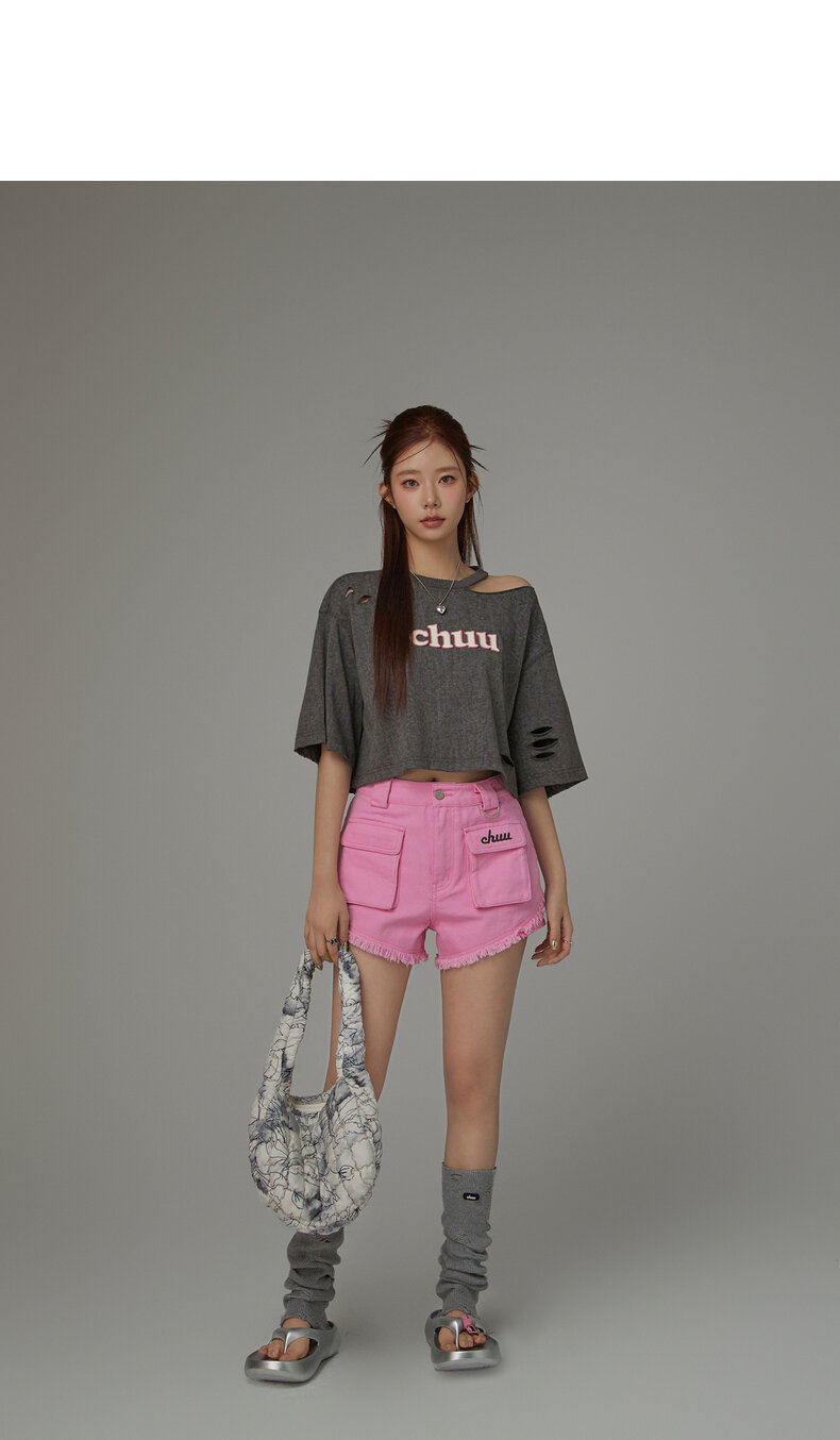 Chuu Letter Patch Embroidery Hole T-Shirt Women's Summer New Basic School Hollow out Shoulder Loose Top Asymmetrical Korean Style Cotton Polyester · v2