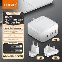 LDNIO 100W Four-Port GaN Charger with USB-C Cable Fast Charging for Phone and Laptop Support PD Quick Charge Replaceable Plugs International Travel Adapter