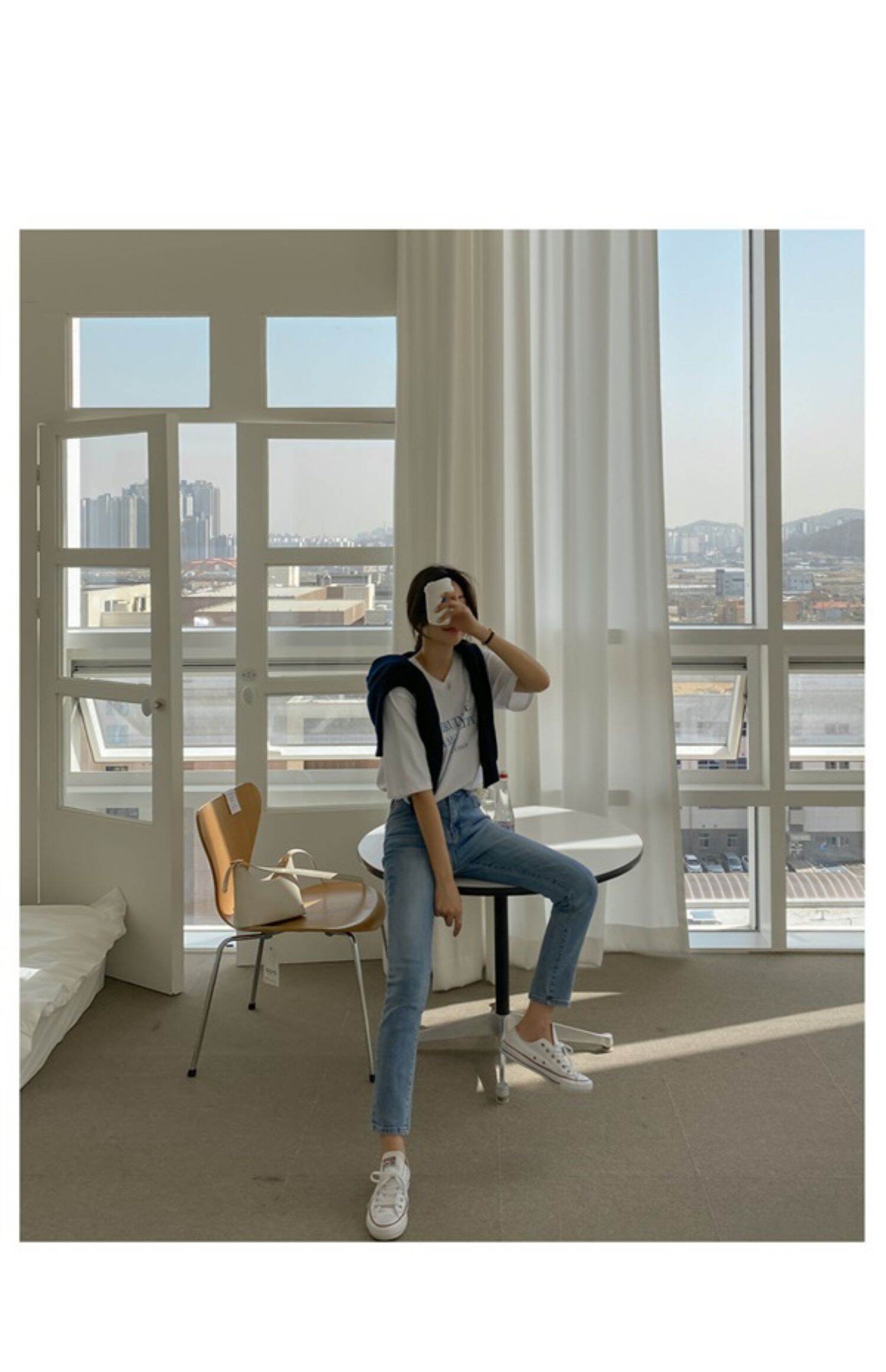 Light Blue High Waist Straight Leg Jeans Women's Slimming Elastic Cotton Stretch Denim Pants Spring Autumn Winter Fashion · v2