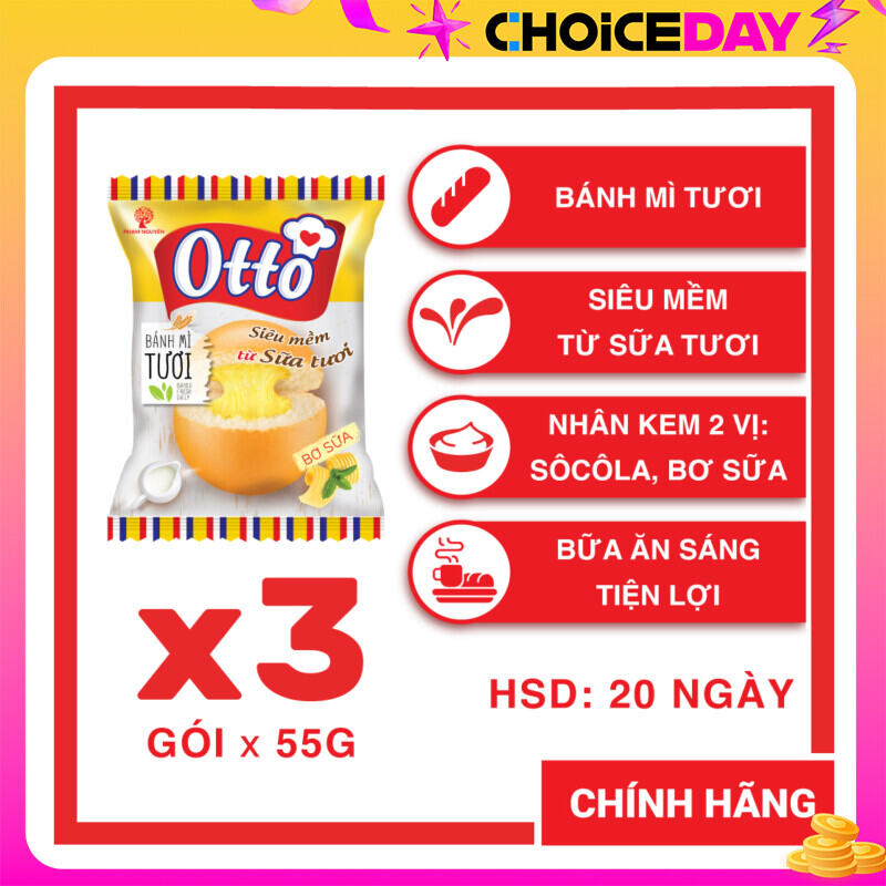 DATE SIÊU MỚI | Combo 3 Gói Bánh Mì Otto Tươi Nhân Kem 55g | Bánh ăn sáng tiện lợi giàu dinh dưỡng | Bánh mì tươi | Đồ ăn vặt