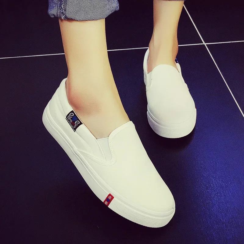 Korean Style Slip-on Loafers Flat Heel White Canvas Shoes Flat Black Canvas Shoes Women's White Shoes Casual Shoes Women's Shoes