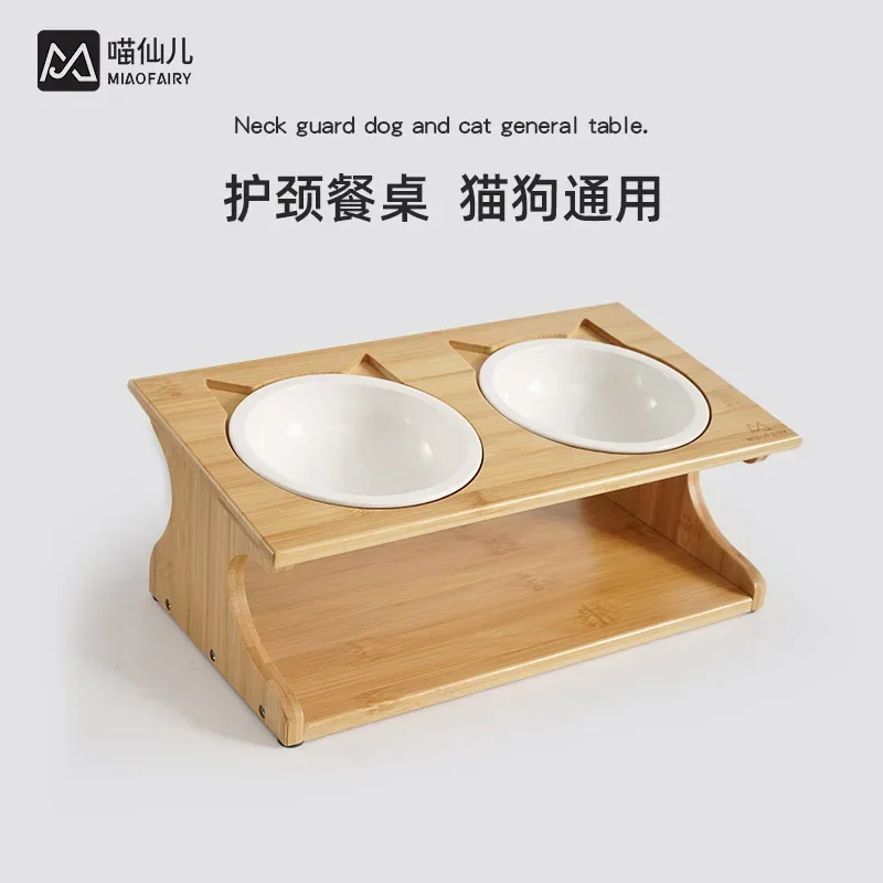 Cat Bowl Solid Wood Cat Dining Table Ceramic Bowl Non-Slip Oblique Mouth Cervical Support Special Cat Rice Basin Pet Bowl Dining Table Dog Bowl