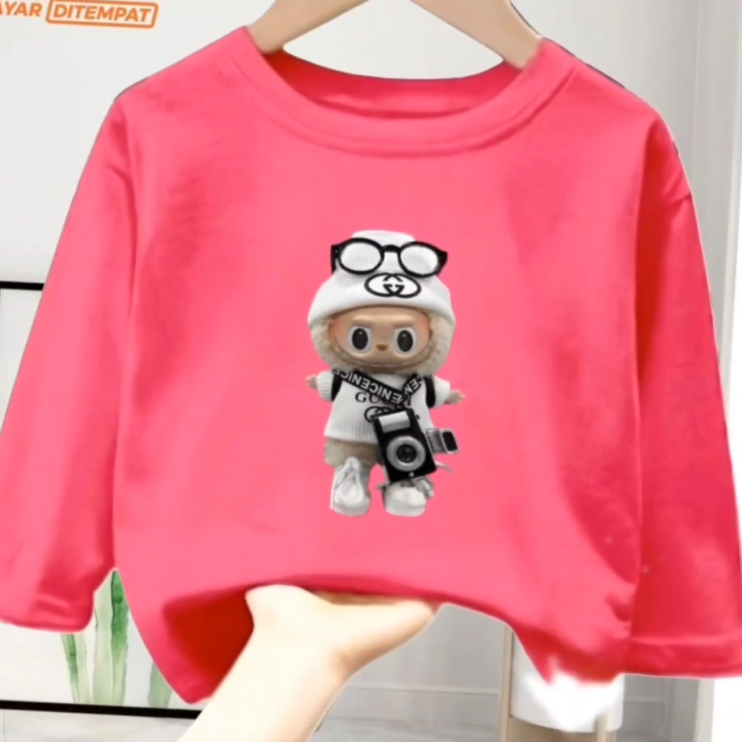 Baju Kaos fashion anak Unisex usia 1-12 tahun bergambar Labubu Camera lengan panjang kekinian