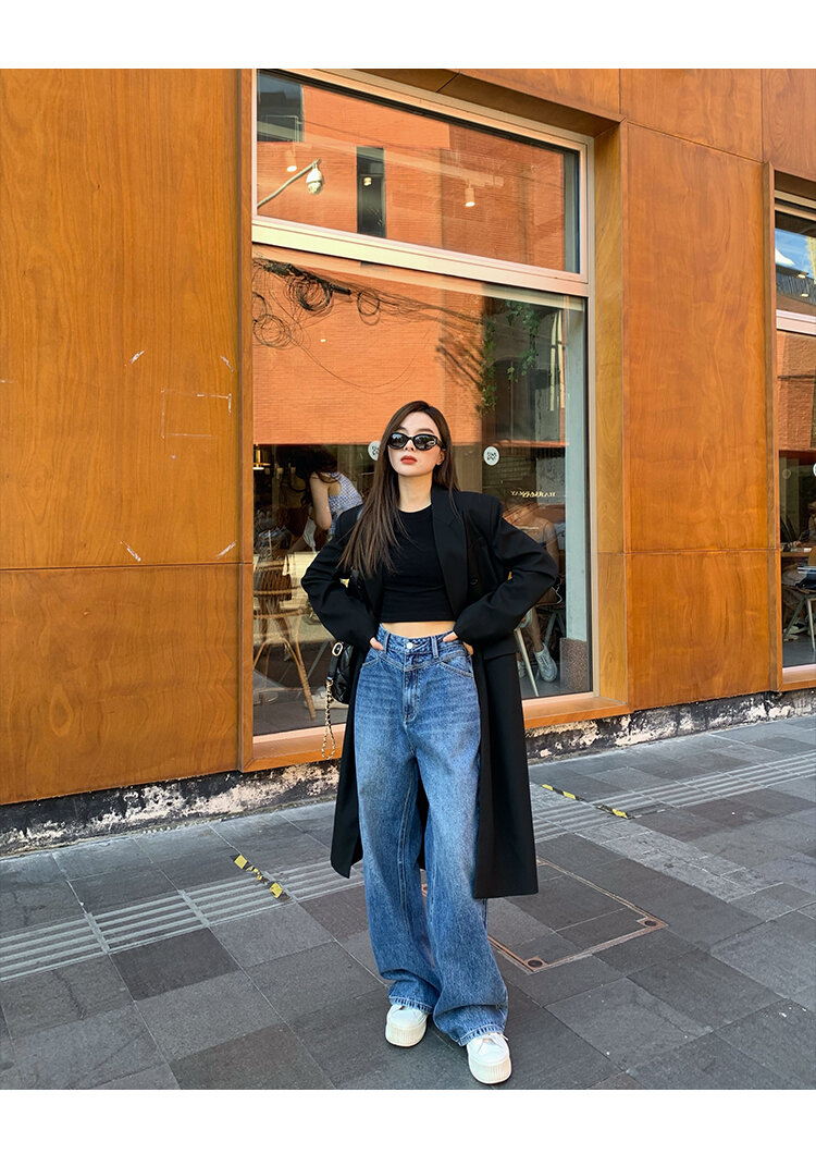 Chenmi Fan Blau Jeans mit hoher Taille und weitem Bein für Damen Herbst Neu Locker lässige gerade Hosen Hoch aussehende lange Hosen