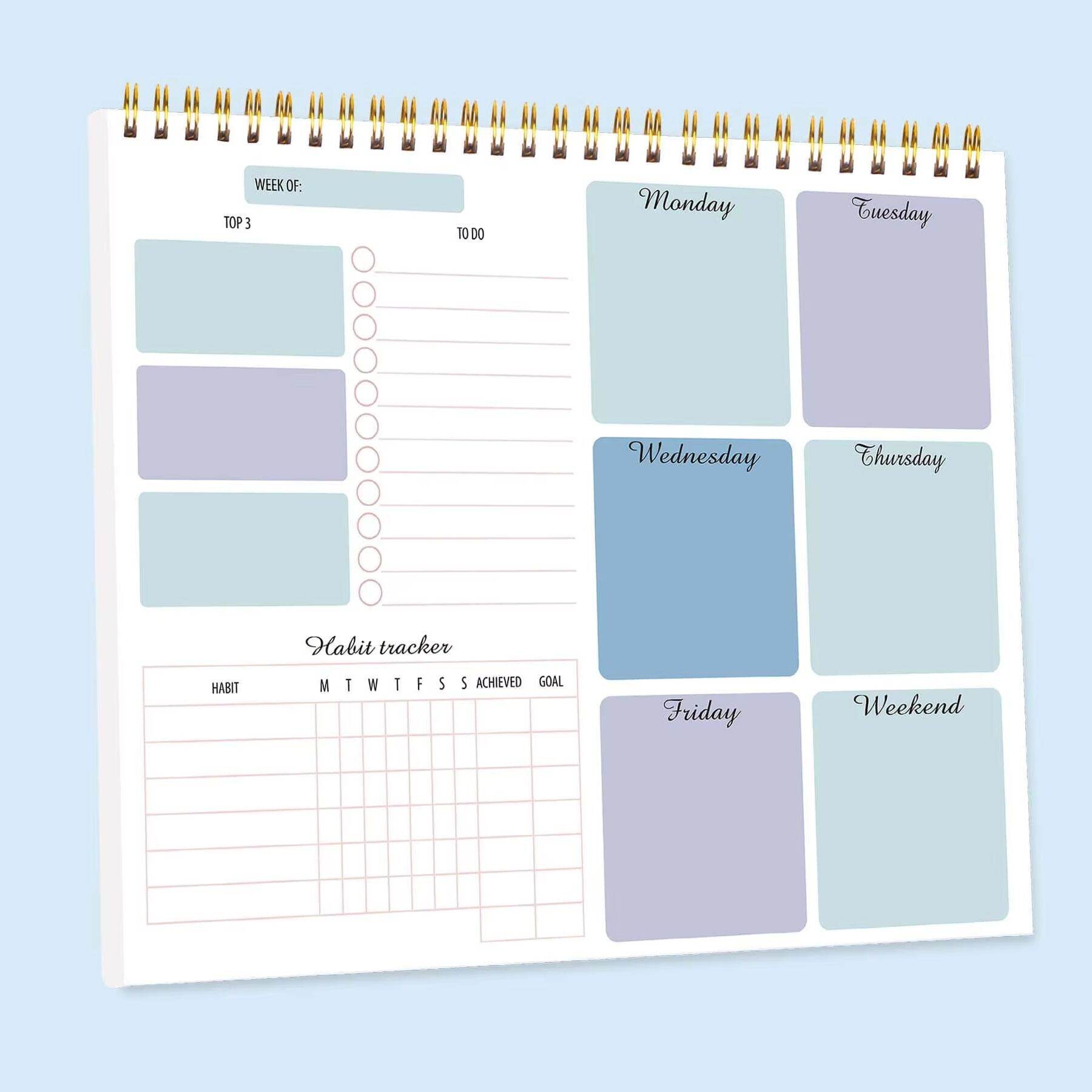 Undated Weekly Planner Pad with Habit Tracker Twin-Wire Binding Pvc Cover Desk Schedule Notepad