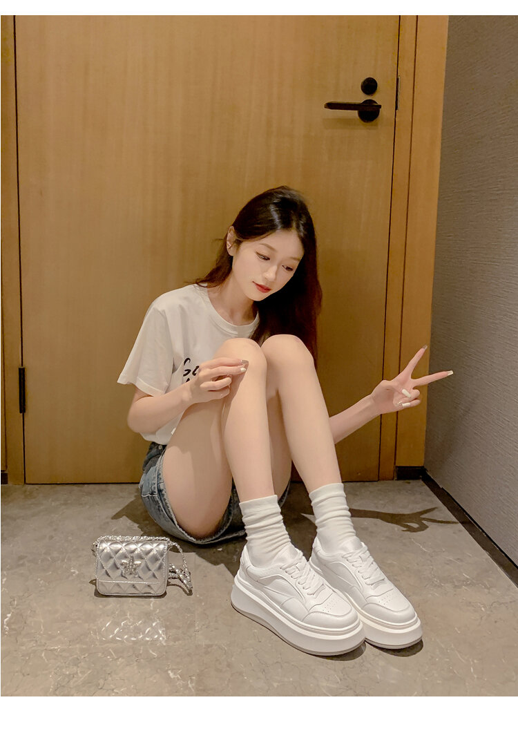 2025 New Thick Bottom round Toe Heightening Korean Style White Casual Board Shoes Women's Sneakers Lace-Up Sports Genuine Leather · v6
