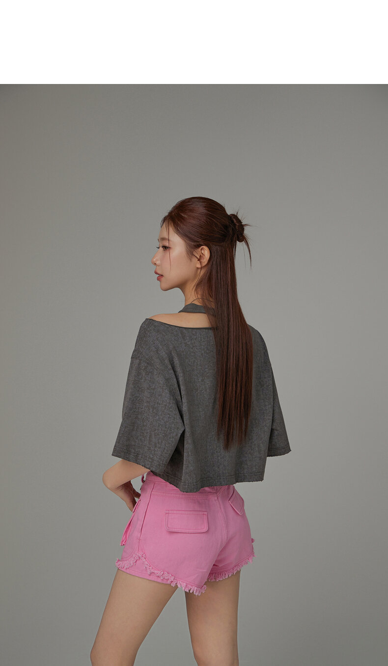 Chuu Letter Patch Embroidery Hole T-Shirt Women's Summer New Basic School Hollow out Shoulder Loose Top Asymmetrical Korean Style Cotton Polyester · v2