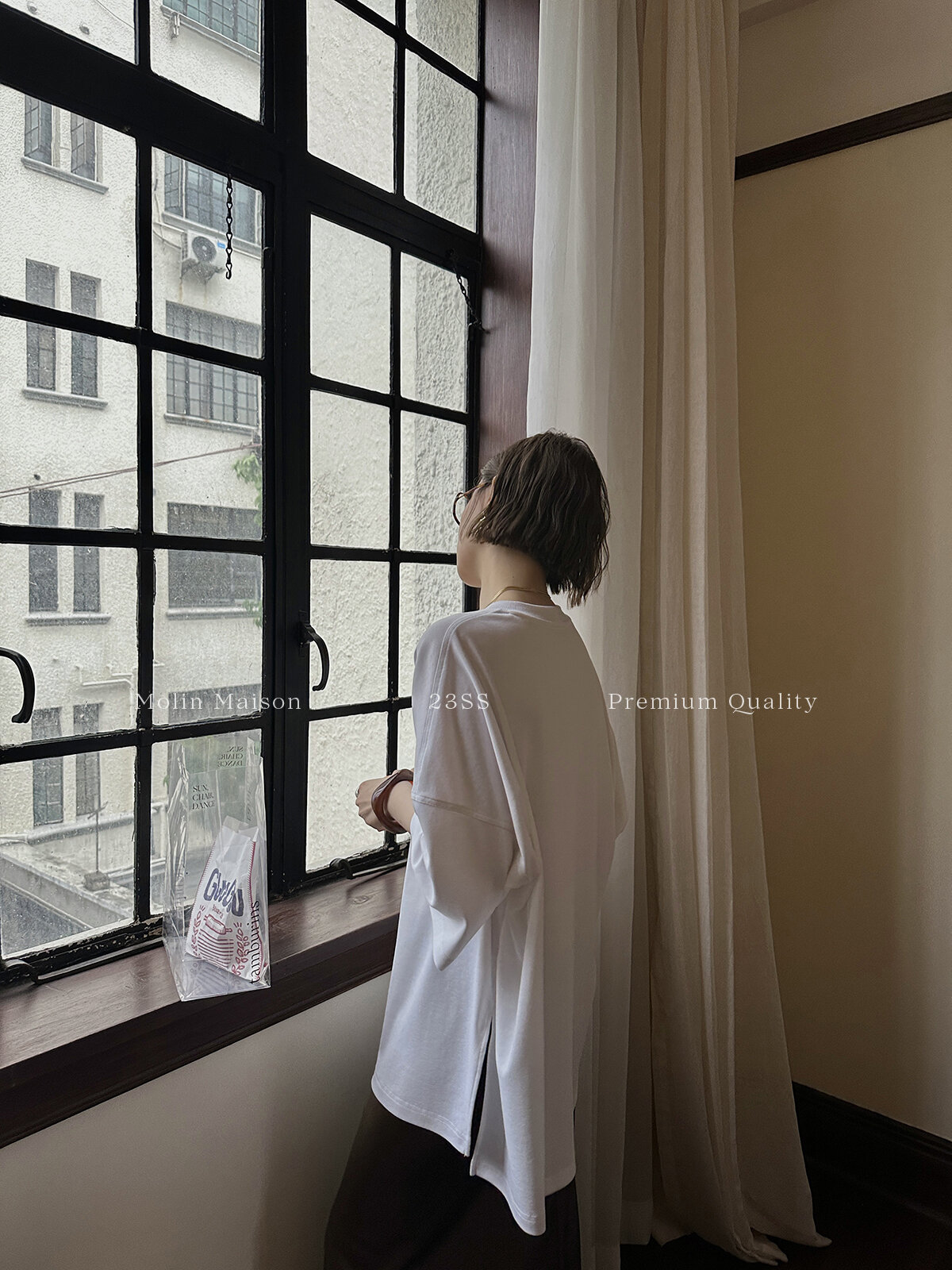 Molin ROW Batwing Sleeve T-Shirt Women's Loose Side Slit Oversize Summer Short Sleeve Cotton Polyester Blend round Neck Top