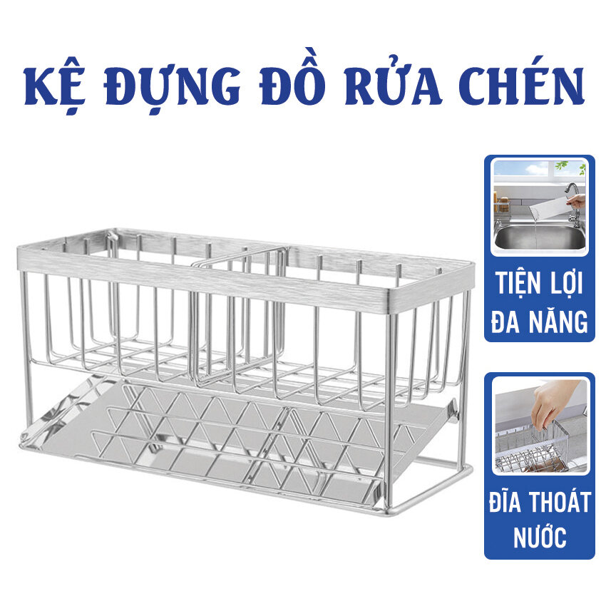 Kệ đựng đồ rửa chén inox 304 2 tầng có khay kèm đĩa dốc 45 độ thoát nước tiện lợi dieulinhshop