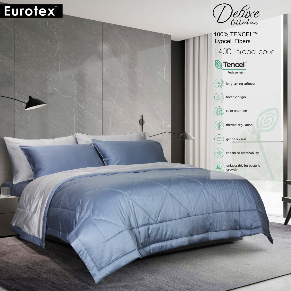 Eurotex Deluxe, 1400 İplik Sayısı, %100 TENCEL™ Elyaf, Lastikli Çarşaf Seti (Lastikli Çarşaf, Yastık Kılıfı ve Destek Kılıfı) /Örtü, Yemyeşil