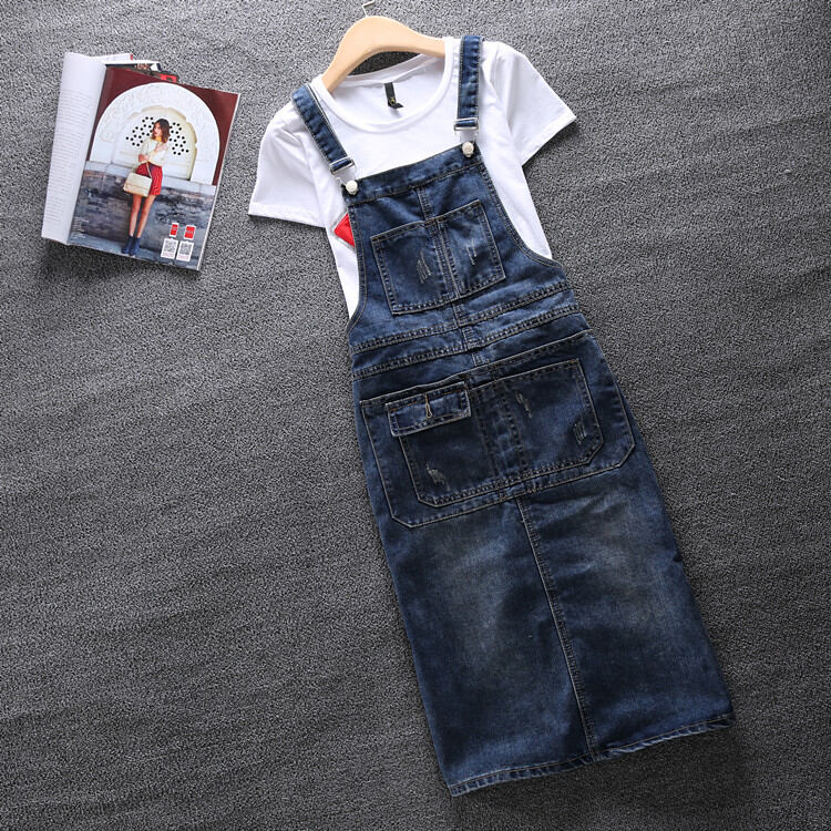 Korean Style Denim Overalls Dress - High Waist Slimming Midi A-Line Skirt  For Women | Lazada Singapore