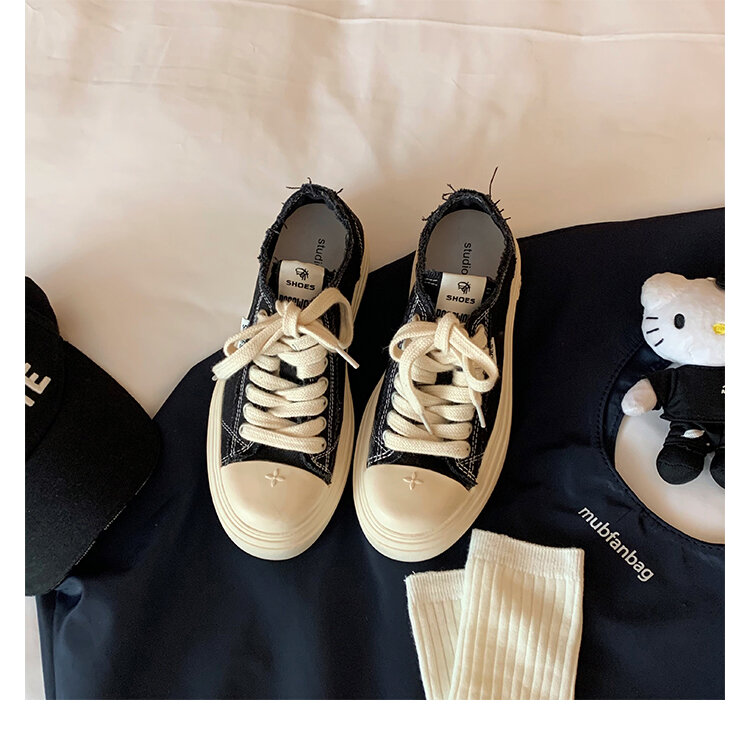 Women's Low Top round Toe Laced Canvas Shoes Thick Bottom Cross Pattern White Sneakers Worn in Dirty Looking Shoes · v11