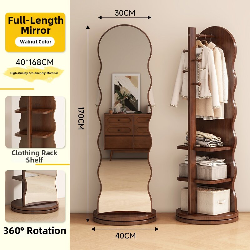 Rotatable Mobile Full Length Dressing Mirror with Hanger Integrated for Womens Bedrooms